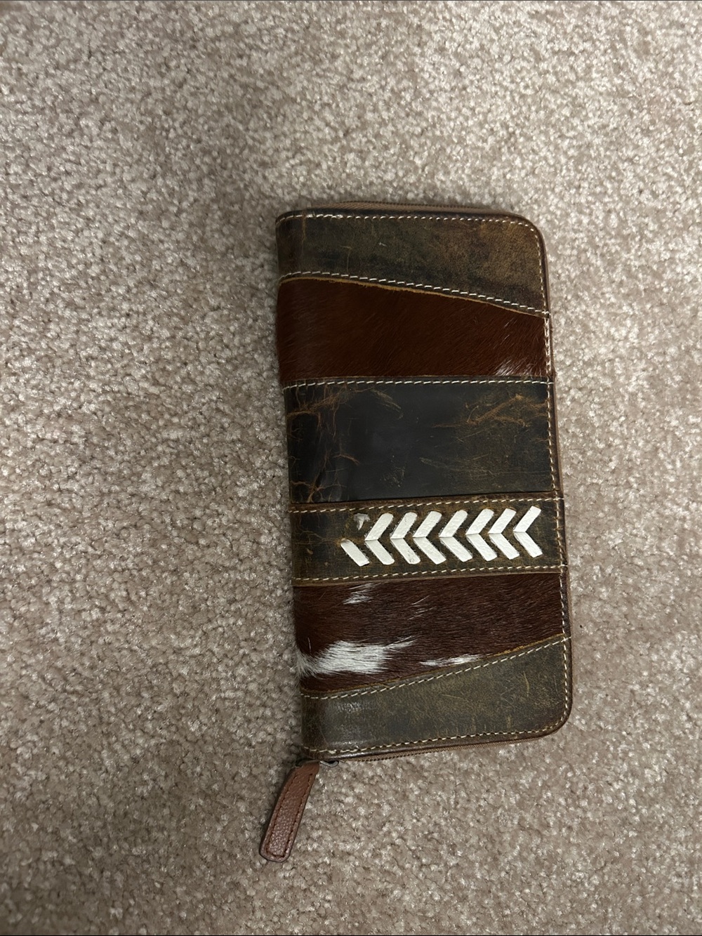 Myra Bag Brown Patchwork Leather Zip Wallet with White Chevron